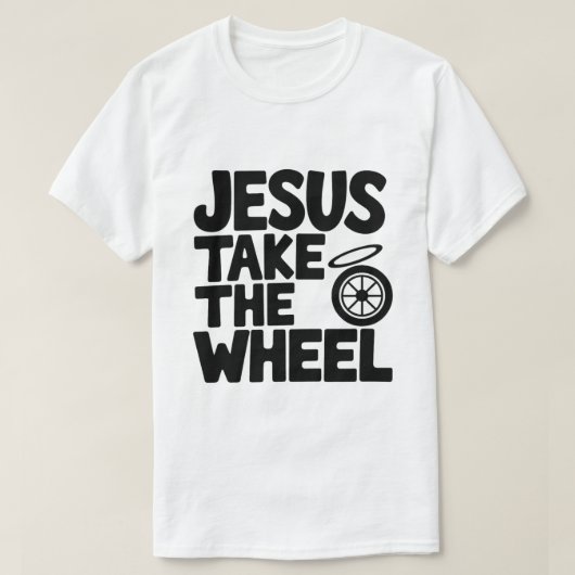 Christelijke Humor: Jezus neemt het stuur over T-shirt (Design voorkant)