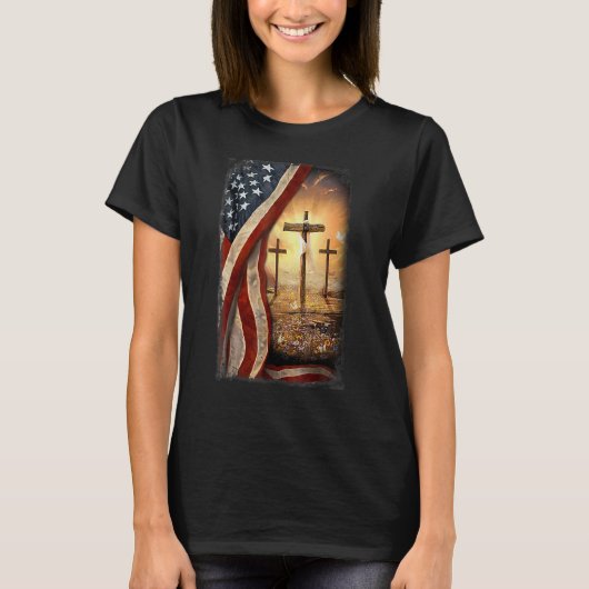 Christelijke Jezus Cross Patriotic American Flag V T-shirt (Voorkant)