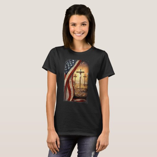 Christelijke Jezus Cross Patriotic American Flag V T-shirt (Voorkant volledig)