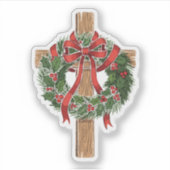 Christelijke Kerst Houten Kruis met Holly Krans Sticker (Voorkant)