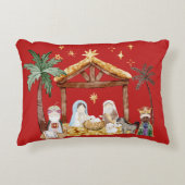 Christelijke Kerst Waterverf Geboorte Rood Accent Kussen (Voorkant)