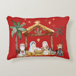 Christelijke Kerst Waterverf Geboorte Rood Accent Kussen