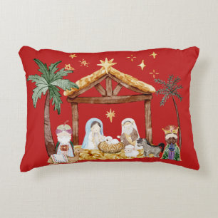 Christelijke Kerst Waterverf Geboorte Rood Accent Kussen
