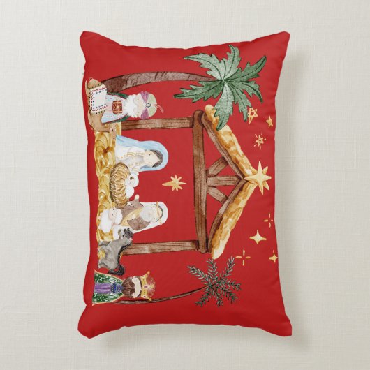Christelijke Kerst Waterverf Geboorte Rood Accent Kussen (Voorkant(Verticaal))