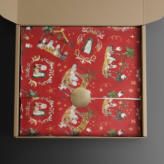 Christelijke Kerst Waterverf Geboorte Rood Cadeaupapier