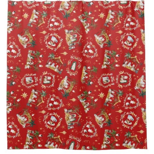 Christelijke Kerst Waterverf Geboorte Rood Douchegordijn (Voorkant)