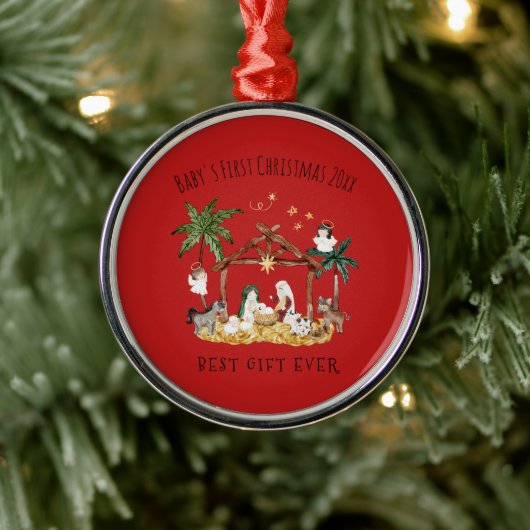Christelijke Kerst Waterverf Geboorte Rood Metalen Ornament (Boom)