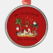 Christelijke Kerst Waterverf Geboorte Rood Metalen Ornament (Voorkant)