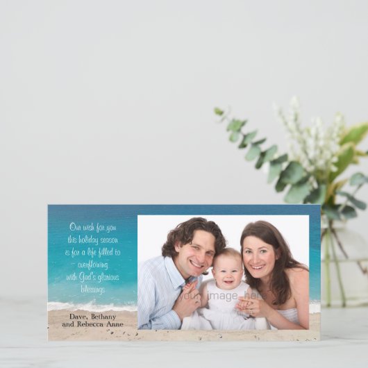 Christelijke kerstfoto's en strand feestdagenkaart (Staand voorkant)