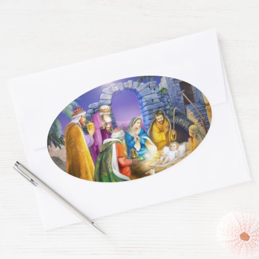 Christelijke kerstkaart ovale sticker (Envelop)