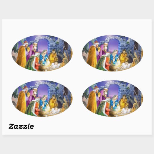 Christelijke kerstkaart ovale sticker (Vel)