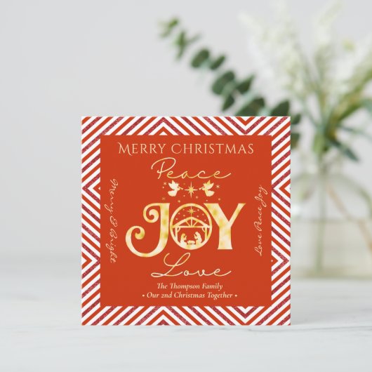 Christelijke Kerstmis Geboorte Goud R Vrede Vreugd Feestdagenkaart (Staand voorkant)