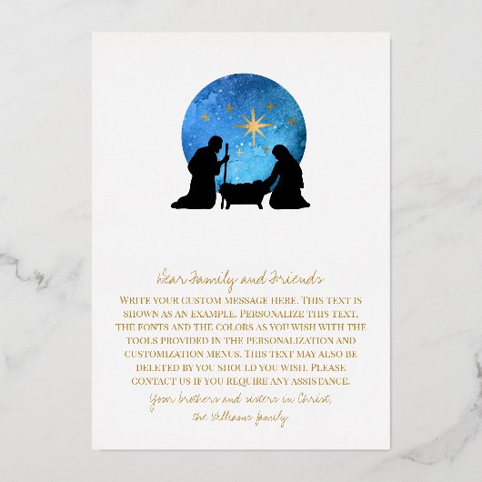 Christelijke kerstmis met nativiteit folie feestdagenkaart (Achterkant)