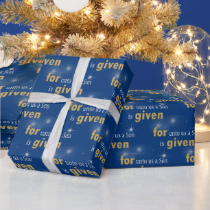 Christelijke kersttekst blauw cadeaupapier