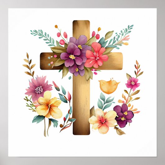 Christelijke Kruis & Waterverf Bloemen Poster (Voorkant)