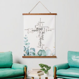 Christelijke kruis woorden collage groen hangend wandkleed