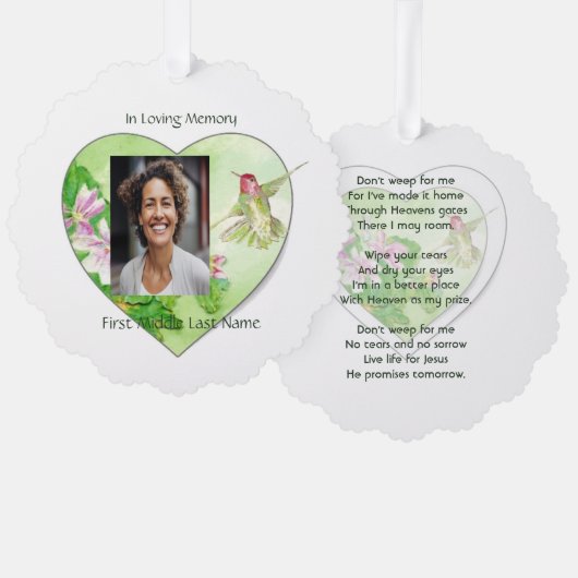 Christelijke Memorial Keepsake Bird Hummingbird Ornament Kaart (Voorkant / Achterkant)