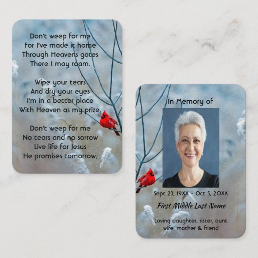 Christelijke Memorial Keepsake Kardinaal Red Bird Visitekaartje (Voorkant / Achterkant)