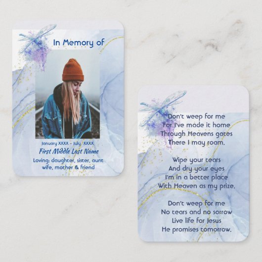 Christelijke Memorial Keepsake Memorial Dragonfly Visitekaartje (Voorkant / Achterkant)