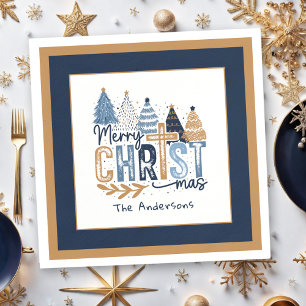Christelijke Navy Blue Tree Naam Modern Christmas Servet