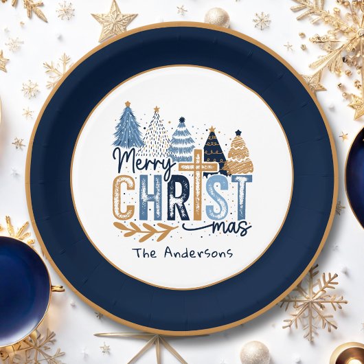 Christelijke Navy Blue Trees Naam Modern Christmas Papieren Bordje