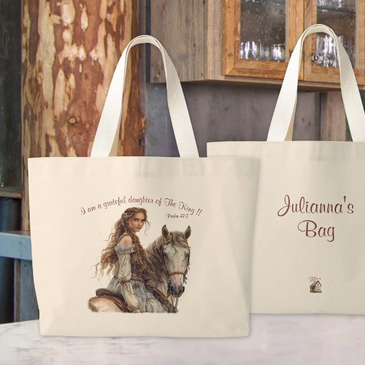Christelijke prinses te paard personaliseren terug grote tote bag