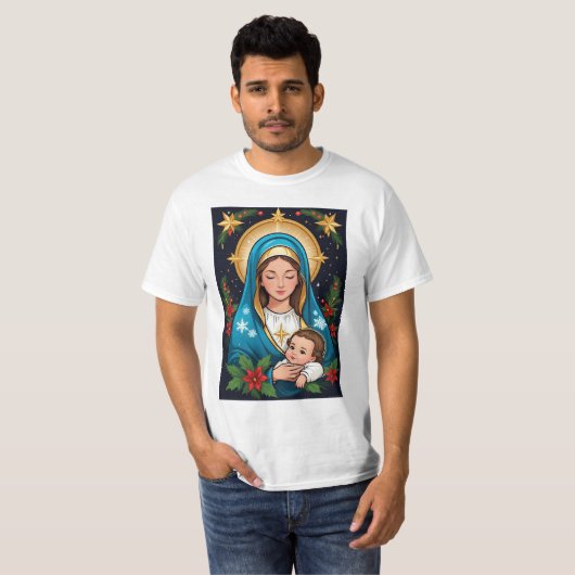 Christelijke Rooms-Katholieke Maagd Maria Kerst T-shirt (Voorkant volledig)