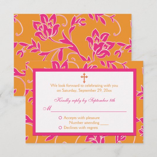 Christelijke roze Tangerine bloemige RSVP kaart (Voorkant / Achterkant)