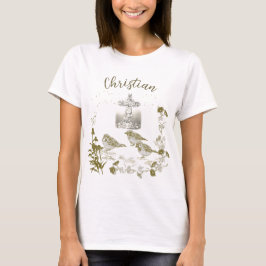 Christelijke T-Shirt Floral Cross met vogels en bl