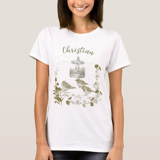 Christelijke T-Shirt Floral Cross met vogels en bl (Voorkant)