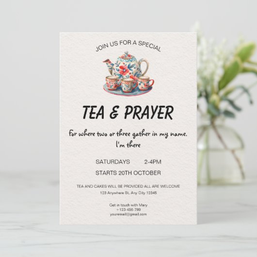 Christelijke thee- en gebedsuitnodiging kaart (Staand voorkant)
