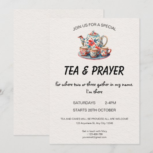 Christelijke thee- en gebedsuitnodiging kaart (Voorkant / Achterkant)