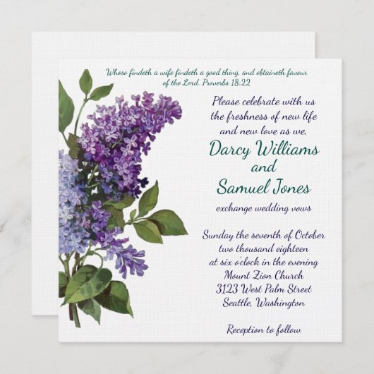 Christelijke uitnodiging tot huwelijk - Lilacs (Voorkant / Achterkant)