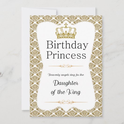 Christelijke Verjaardag Prinses Wit en Goud Damask Kaart (Voorkant)