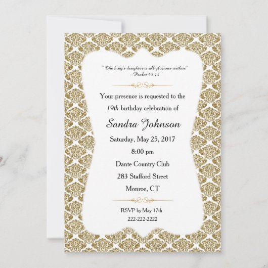 Christelijke Verjaardag Prinses Wit en Goud Damask Kaart (Achterkant)