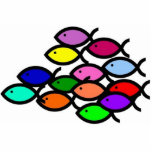 Christelijke vissymbolen - Regenboogschool - Fotobeeldje Ornament<br><div class="desc">Een school van Christelijke vissymbolen in regenboogkleuren zwemmen allemaal in één richting,  verenigd met één doel.</div>