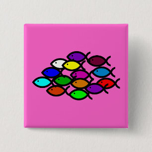 Christelijke vissymbolen - Regenboogschool - Vierkante Button 5,1 Cm