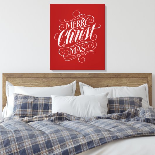 Christelijke vrolijke kerst krijt belettering rood canvas afdruk (Insitu (Slaapkamer))