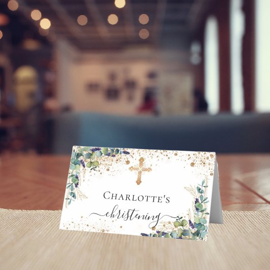 Christene eucalyptus goudglitter plaatskaartje