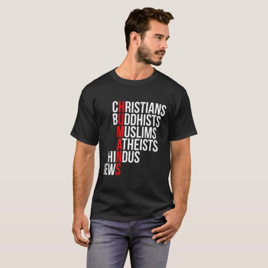 Christenen Boeddhisten moslims Atheïsten Hindoeïst T-shirt (Voorkant volledig)