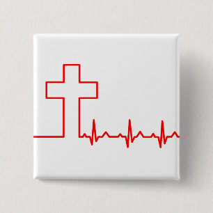Christenen Kruis Hartslag Leven EKG ECG Vierkante Button 5,1 Cm