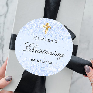 Christenen lichtblauwe glitter sparters ronde sticker