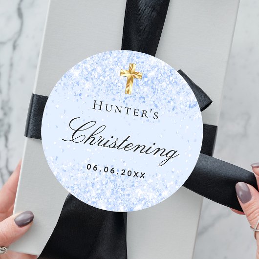 Christenen lichtblauwe glitter sparters ronde sticker