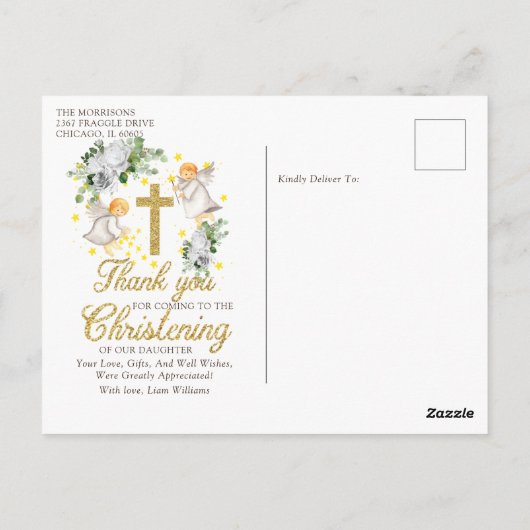 Christening Angels Glitter Bedankt Briefkaart (Achterkant)