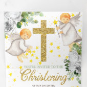 Christening Angels Gold Genderneutraal Drieluik Uitnodiging (Binnenzijde eerst)