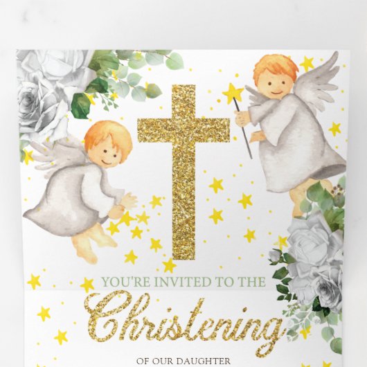 Christening Angels Gold Genderneutraal Drieluik Uitnodiging (Binnenzijde eerst)