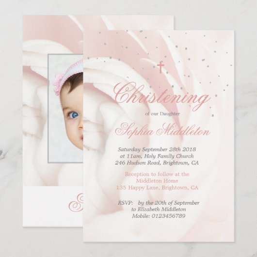 Christening Baptism Fotomeisje Roze Rose Silver Kaart (Voorkant / Achterkant)