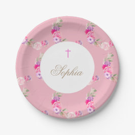 Christening | Baptism Girl Pink Floral Celebration Papieren Bordje