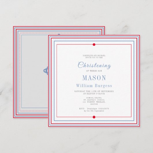 Christening Baptism Simple Script Blue Red Modern Aankondiging (Voorkant / Achterkant)