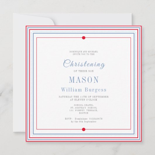 Christening Baptism Simple Script Blue Red Modern Aankondiging (Voorkant)